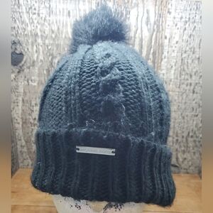 Michael Kors Womens Cable Knit Beanie Hat Black One Size Winter Ski Cap With Pom
